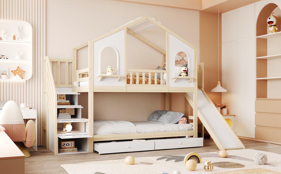 Children's Bunk Bed 90 X 200 Cm, House-Shaped with Curved Windows, with Storage Ladder and Slide, Drawers, Double Bed, Wood Color