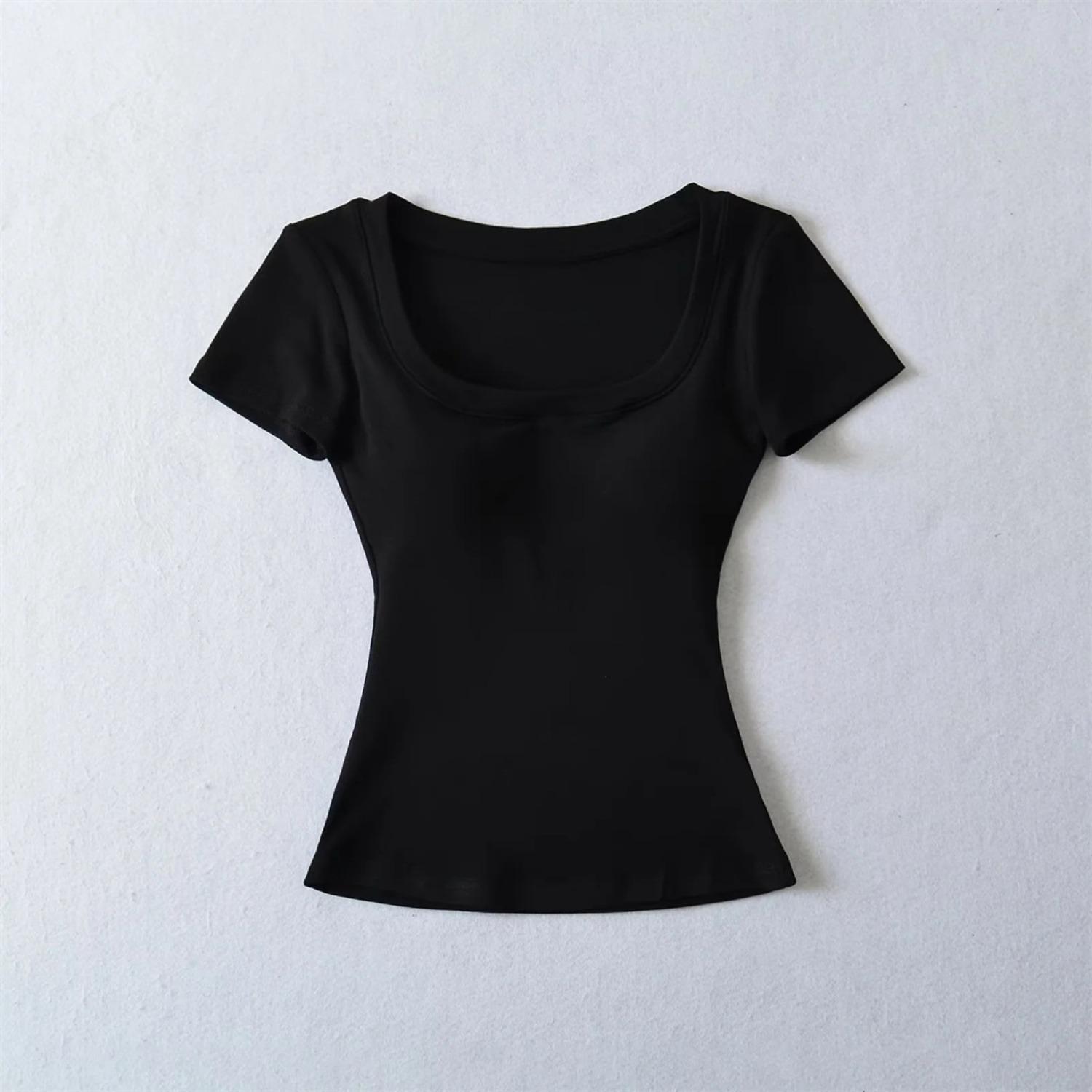 Women s Scoop Neck Short Sleeve T Shirt Slim Fit Solid Color Basic Crop Top S