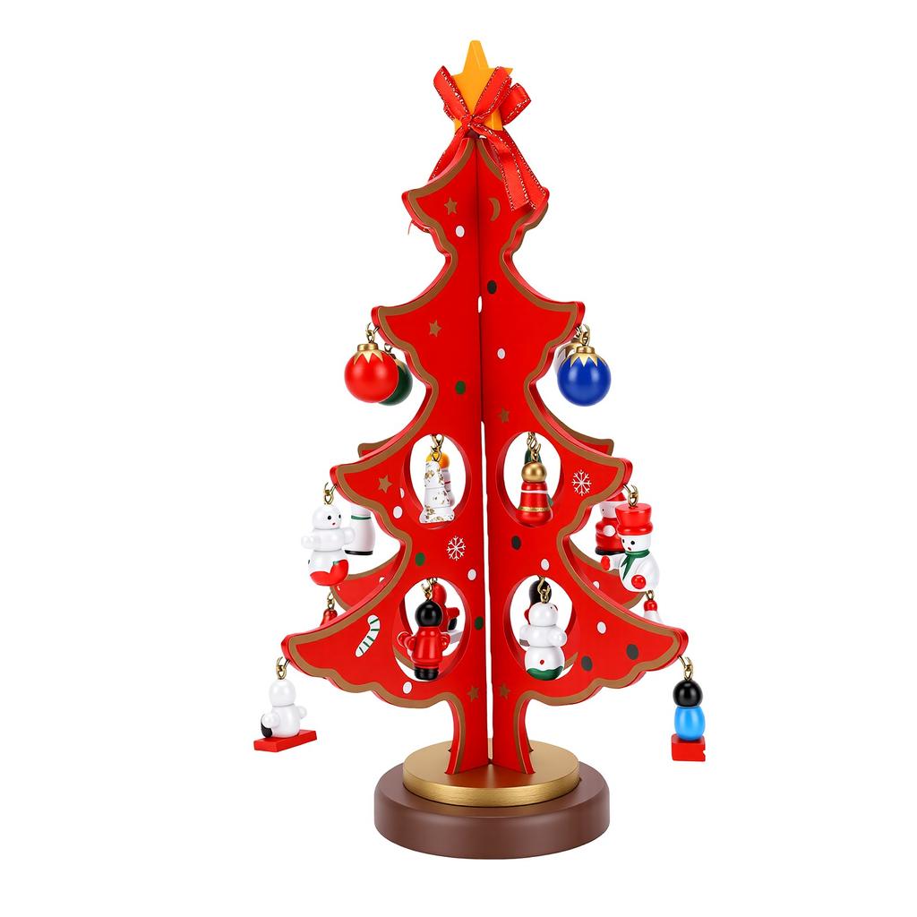 Wooden Xmas Tree DIY Kit Desktop Holiday Decor with Hanging Ornaments for Home Store Window Small Xmas Tree Red