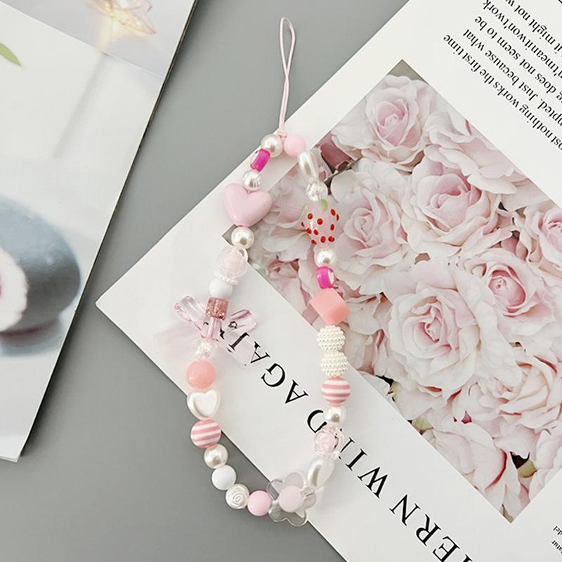 Telefoonkoordje met schattige aardbeibloemkralen, bedeltje met knoop, sleutelhanger voor mobiele telefoon, tas, camera, telefoonhoesje, hanger