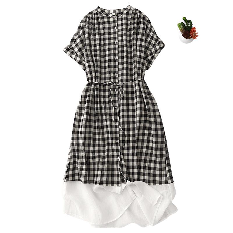 

Plaid Patchwork Round Neck Dress - Casual Loose Fit, Japanese Style for Women, Spring/Summer XL