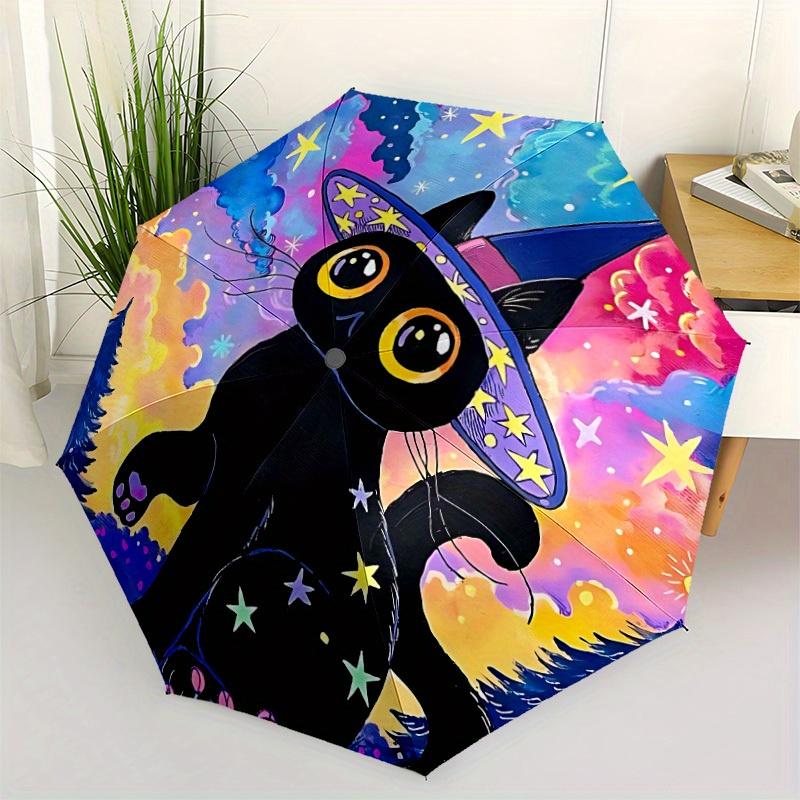 1pc Witch Cat Automatic Open/close Umbrella, 8-Rib sturdy structure, Portable Travel Umbrella, Parties, Everyday Use, Outdoor Accessory, Art
