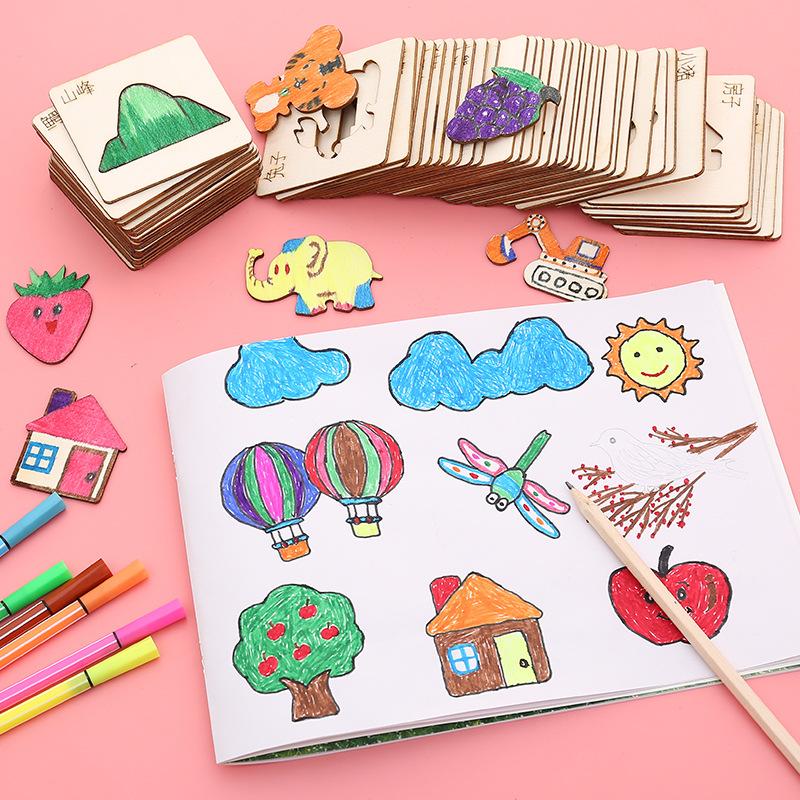 Non-Toxic 20Pcs Montessori Kids Drawing Toys Wooden Diy Painting Stencils Set Craft Toy Coloring Puzzle Educational Toys For Children Gift