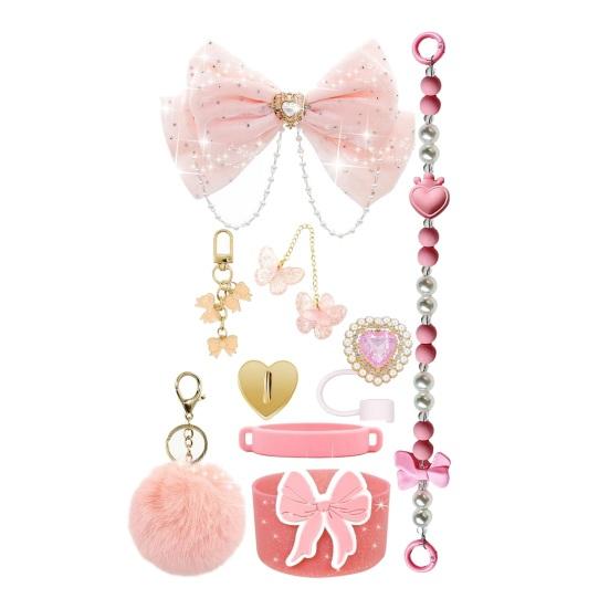 1 Set Tassenhülle Funkelnde Strasssteine Schleife Plüschball Dekoration Kunstperlen Lanyard Tassenzubehör mit Silikonboden-Schutz