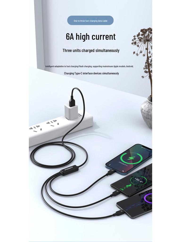 PISEN 6A 66W Schnelllade-3-in-1-Datenkabel für Apple, Typ-C, Android