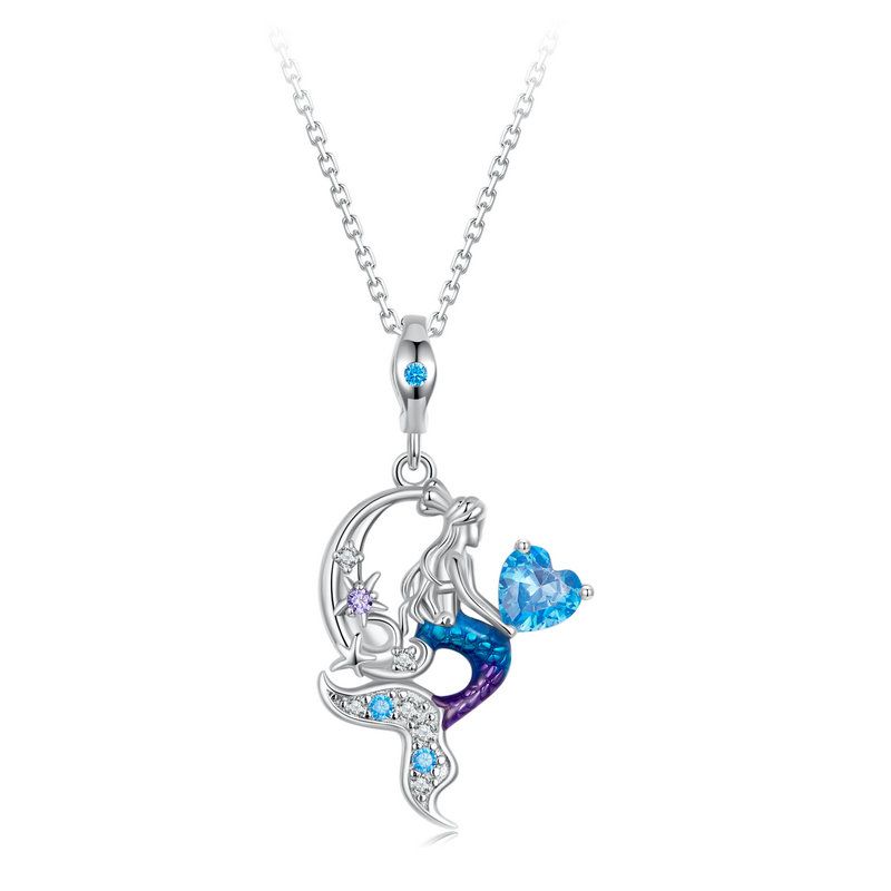 WOSTU 925 Sterling Zilver Zeemeermin Prinses Hanger Ketting met Blauwe Oceaan Zirconia Nekkettingen voor Vrouwen Vakantie Sieraden Cadeau