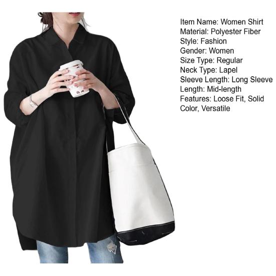 Women Shirt Lapel Long Sleeve Single Breasted Shirt Tops Solid Color Mid-length Irregular Shirt Tops Work Wear