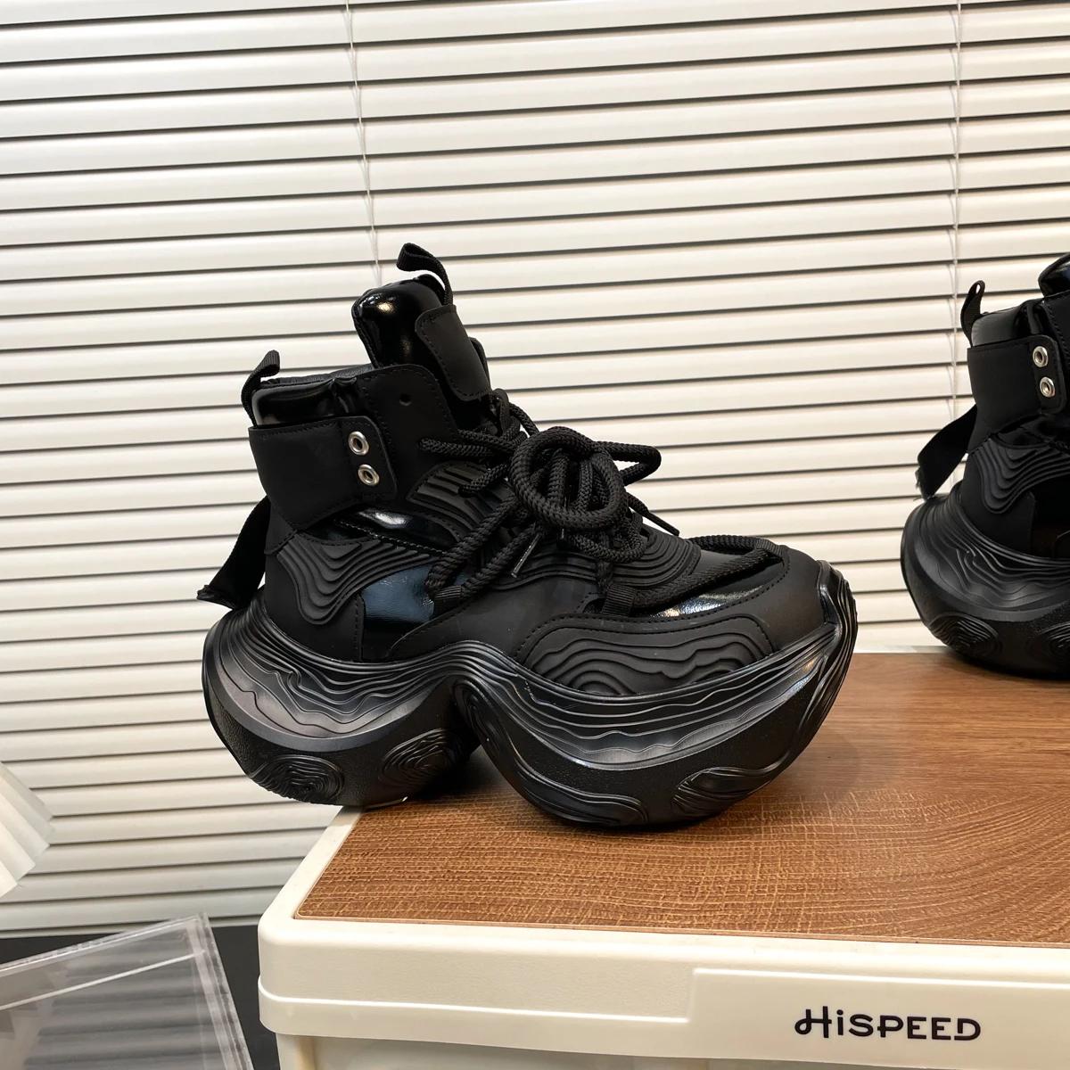 

2025 Newest Round Toe Chunky Heel Solid Lace Up Cross Tied Shoes Mid Calf Height Increasing Pumps Fashion Casual Autumn Boots 35 чорний