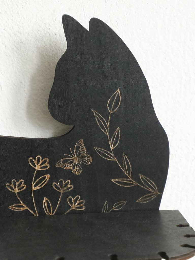 1Pc Black Cat Wall Shelves with Flower Pattern, Floating Wall Shelf, for Placing Crystals, Essential Oils Aromatherapy Stones