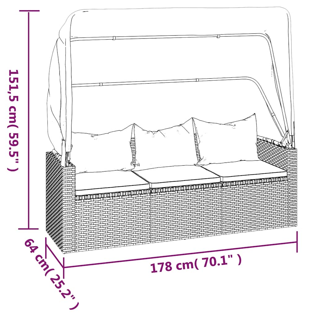 3 Seater Garden Sofa with Canopy and Footstool Grey Poly Rattan