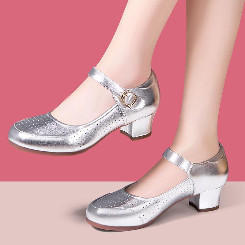 

4 см Дышащие Удобные Туфли Мэри Джейн из Мягкой Кожи с Неглубоким Вырезом на Платформе 2025 Весна Средний Блочный Каблук Танцевальная Рабочая Обувь Мама 41 серебряный