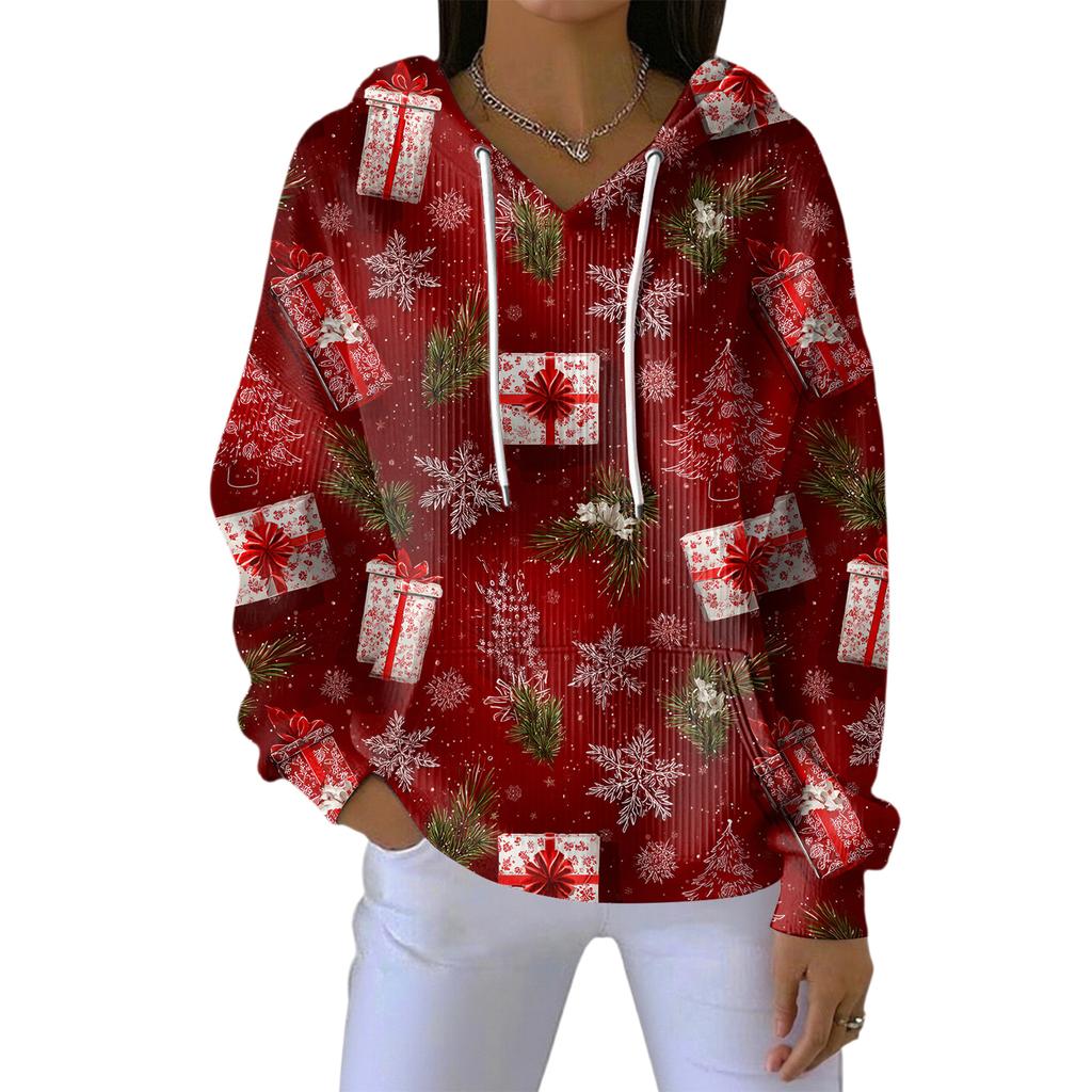 Women's Loose Comfortable Casual Fashion V-Neck Christmas Print Long Sleeve Hoodie
