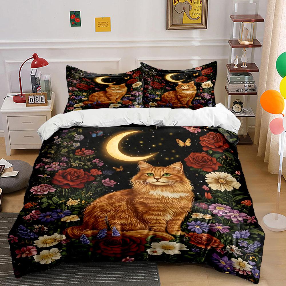 Cat, crescent moon, flowers. Bedding sets Duvet cover sets Duvet covers Pillowcases(1 * Duvet Cover 2 * Pillowcases without duvet insert)