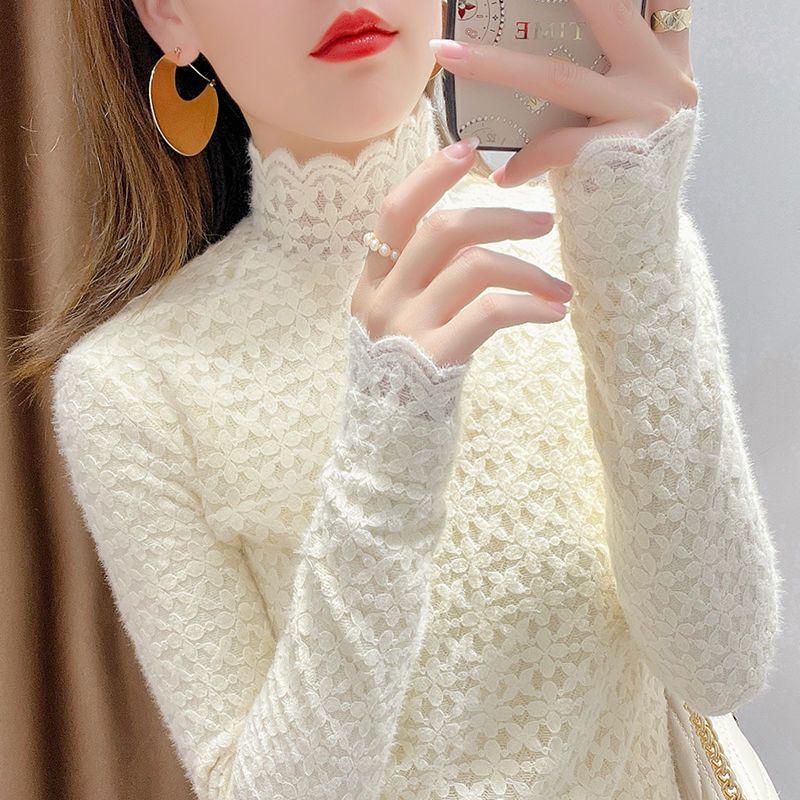 Dámský zimní top s krajkou a vysokým límcem, zateplený fleecem, slim fit - Hřejivý a všestranný