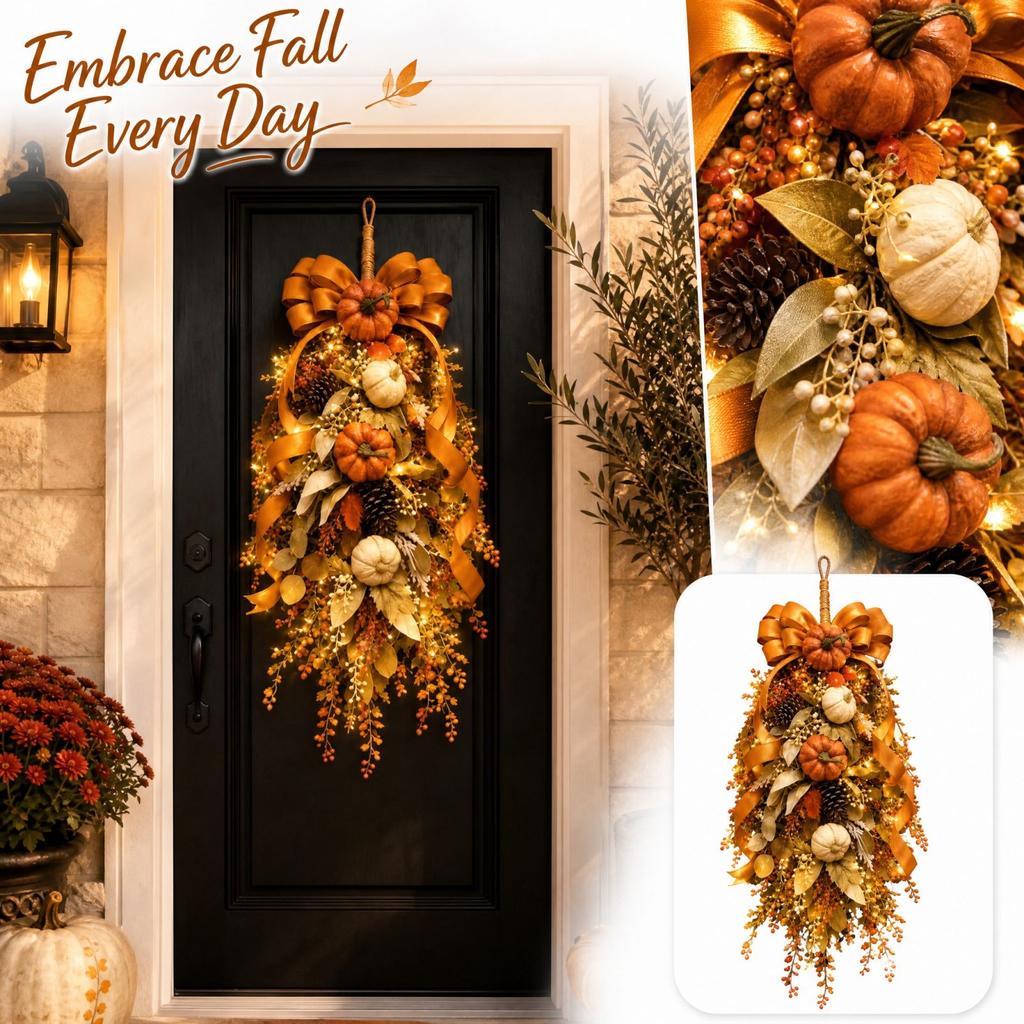 Front Door Wreath with Fall Leaves for Seasonal Home Decor