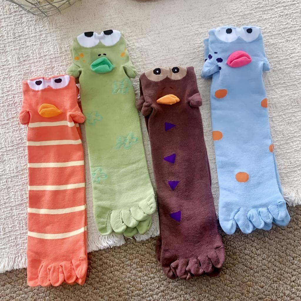 4Pairs All-Season Wearable New Ugly Cute Quirky Abstract Clownfish Five-Toe Couple Mid-Calf Socks