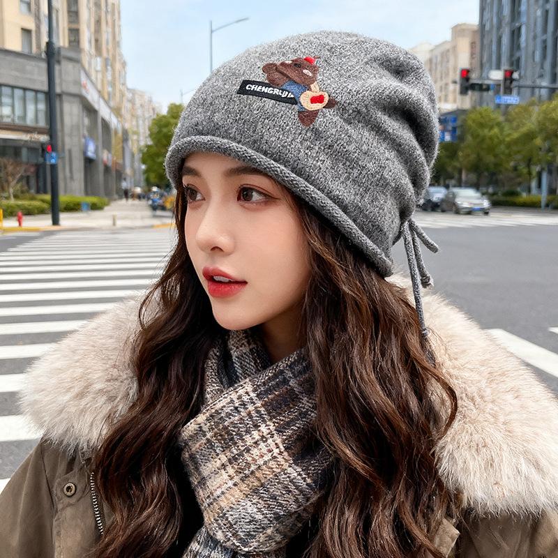 Cute Cartoon Bear Hat for Women Autumn and Winter Baotou Knitted Hat Versatile Pile Hat Showing Face Small Curled Edge Cold Hat