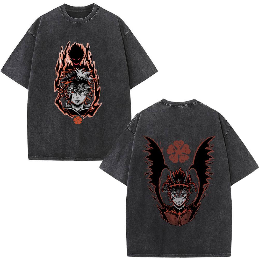 Washed Anime Black Clover Logo Graphic Print T-shirt Harajuku Summer Fashion Casual Cotton Oversized T-shirts Tops Streetwear