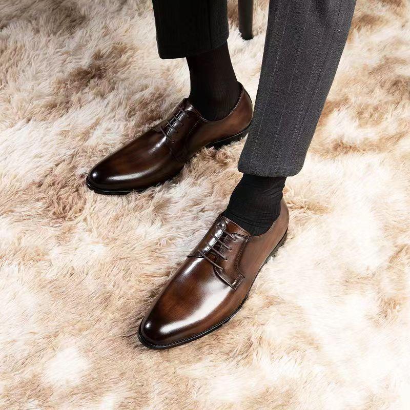 Wood Pattern Derby Shoes Men Breathable Mens Dress Shoes High Quality Leather Office Wedding Shoe Lace Up Hand-colored Business