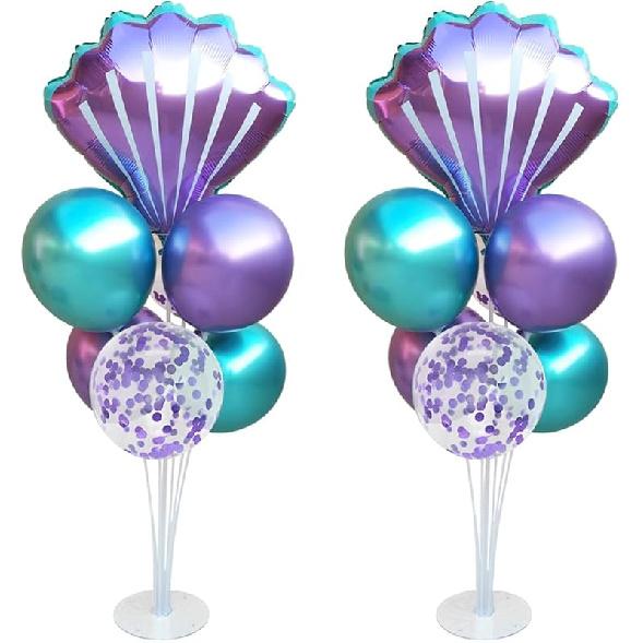 Mermaid Table Centerpiece Balloons Stand Kit 2 Sets with 2 Sea Shells Foil Balloons 14 Purple Blue Latex Balloons for Birthday Beach Mermaid Theme