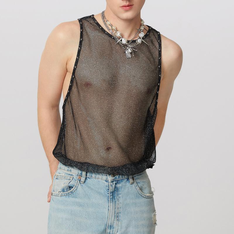 

INCERUN Men O-neck Sleeveless Mesh Sheer Tank Tops Undershirts S чёрный