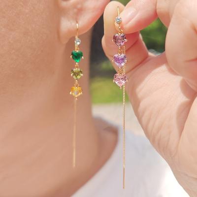 1 Paar farbige herzförmige Zirkonia-Ohrringe mit langen Hängeohrringen für Frauen, Piercing-Einfädler, Ohrschmuck