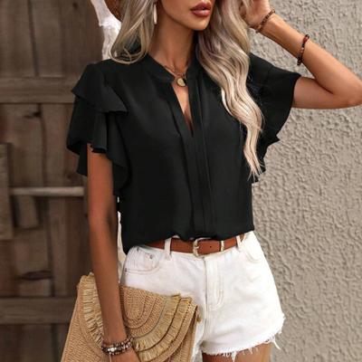 Women Summer Casual Shirt V-neck Ruffle Short Sleeve Pullover Tops Solid Color Loose Fit Blouse Female Clothes
