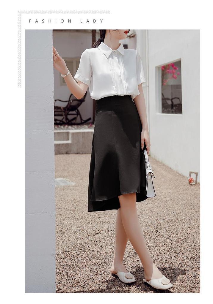 2026 Koreanischer Stil Plissiertes Satin-Chiffon-Hemd - Kurzärmelig, Vielseitige Damenmode