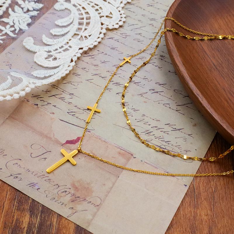 Stylish And Simple Cross Double-Layer Necklace Titanium Steel Does Not Fade 18K Gold Wind Women'S Collarbone Neck Chain