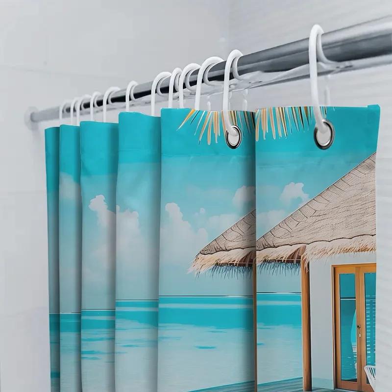 Beach Hut Shower Curtain Tropical Paradise Print Waterproof Bathroom Decor for Home and Hotel  for Stylish Home Upgrade