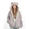 Womens Thickened Faux Suede Hooded Coat With Fur Trim Cat Ear Detail Winter Warm Outerwear