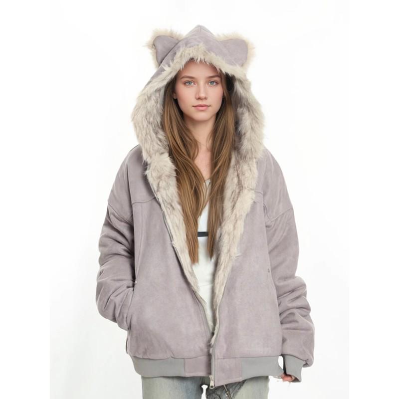 Womens Thickened Faux Suede Hooded Coat With Fur Trim Cat Ear Detail Winter Warm Outerwear