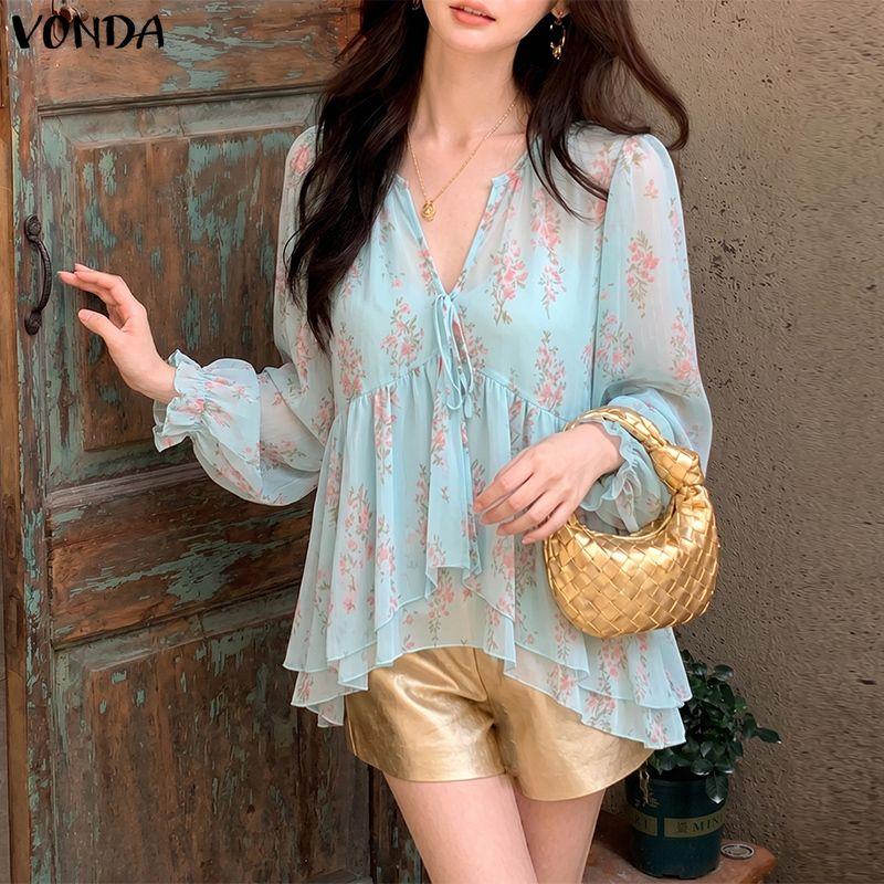 VONDA Womens Bohemian Floral Print V Neck Blouse Long Sleeve Semi-Sheer Irregular Layered Ruffled Tops