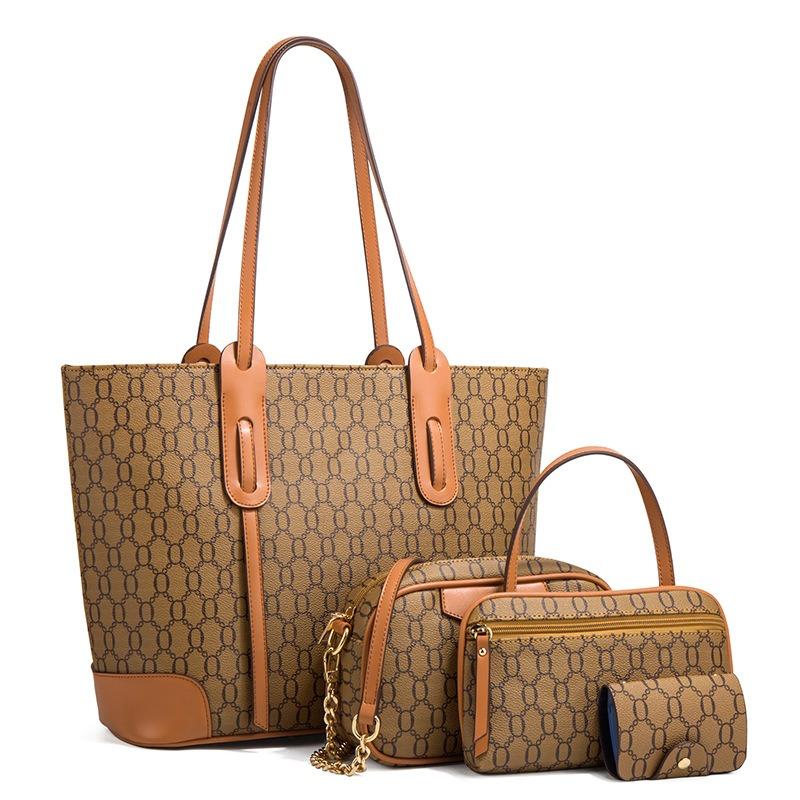 New Embossed Large Tote Bag High Quality PU Ladies Handbag Trendy Single Shoulder Oblique Span Bag Large Capacity Women's 4 Pcs Set Mother-child Bag