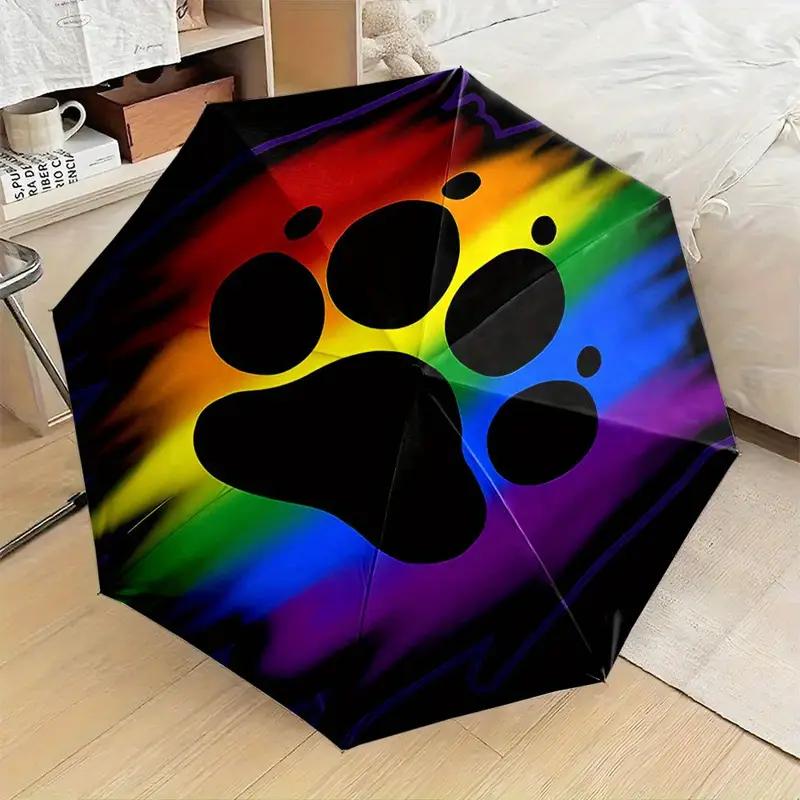 

Automatic Open/Close Umbrella with Rainbow Paw Print Design - 8-Rib Windproof Folding Umbrella, Portable Compact Rain Umbrella (as the picture,iron&8K)