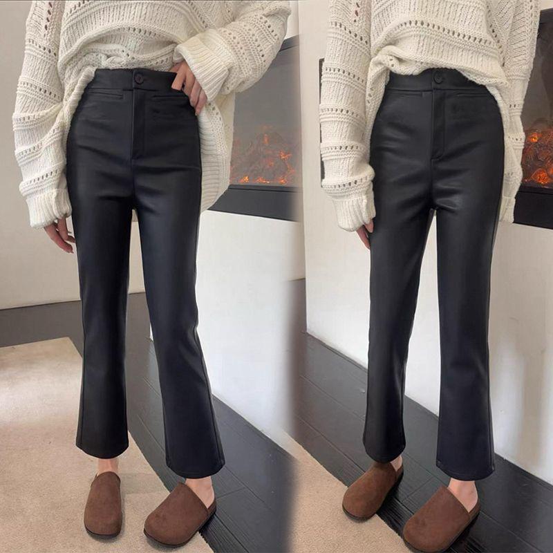 

Autumn/Winter High-Waist PU Leather Velvet Flare Pants - Women s Petite Casual M 42.5-50kg
