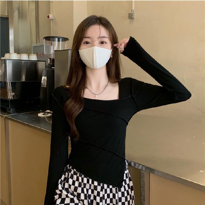 6880# Slim-Fit Spicy Girl Irregular Top - Square Neck Long Sleeve T-shirt for Autumn/Winter