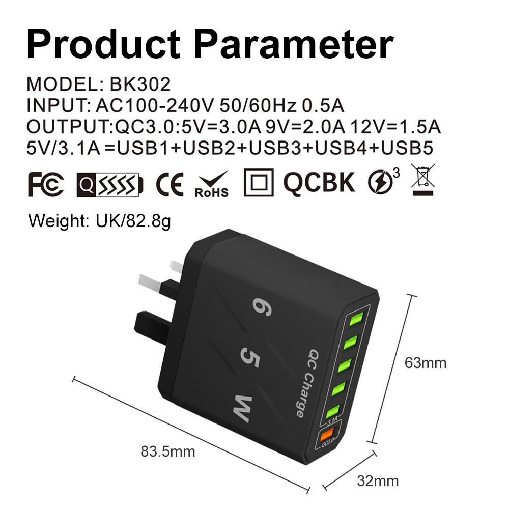 65W 6 Ports USB Fast Charger EU/US/UK Plug Quick Charge 3.0 for IPhone 16 15 14 13 Xiaomi Samsung Redmi K60 Travel Mobile Wall Charger