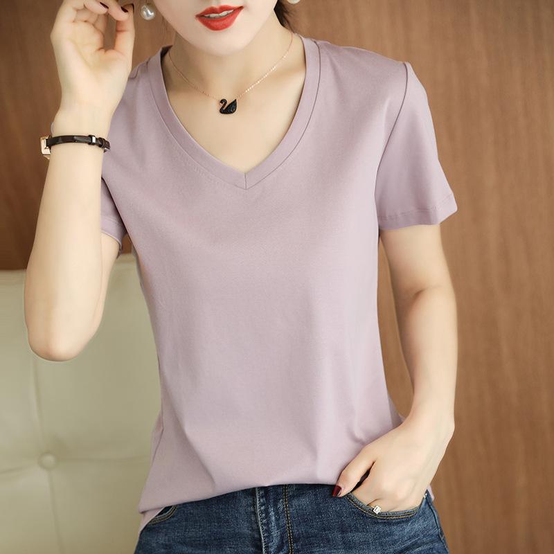 V-neck T-shirt for Women Mercerized Cotton T-shirt for Cotton Thread Short-sleeved Summer Updated Slim Versatile Half-sleeved Top