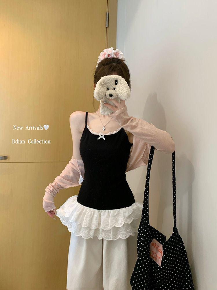 Women's White Bow Spaghetti Strap Ballet Tank Top with Lace Ruffle Hem