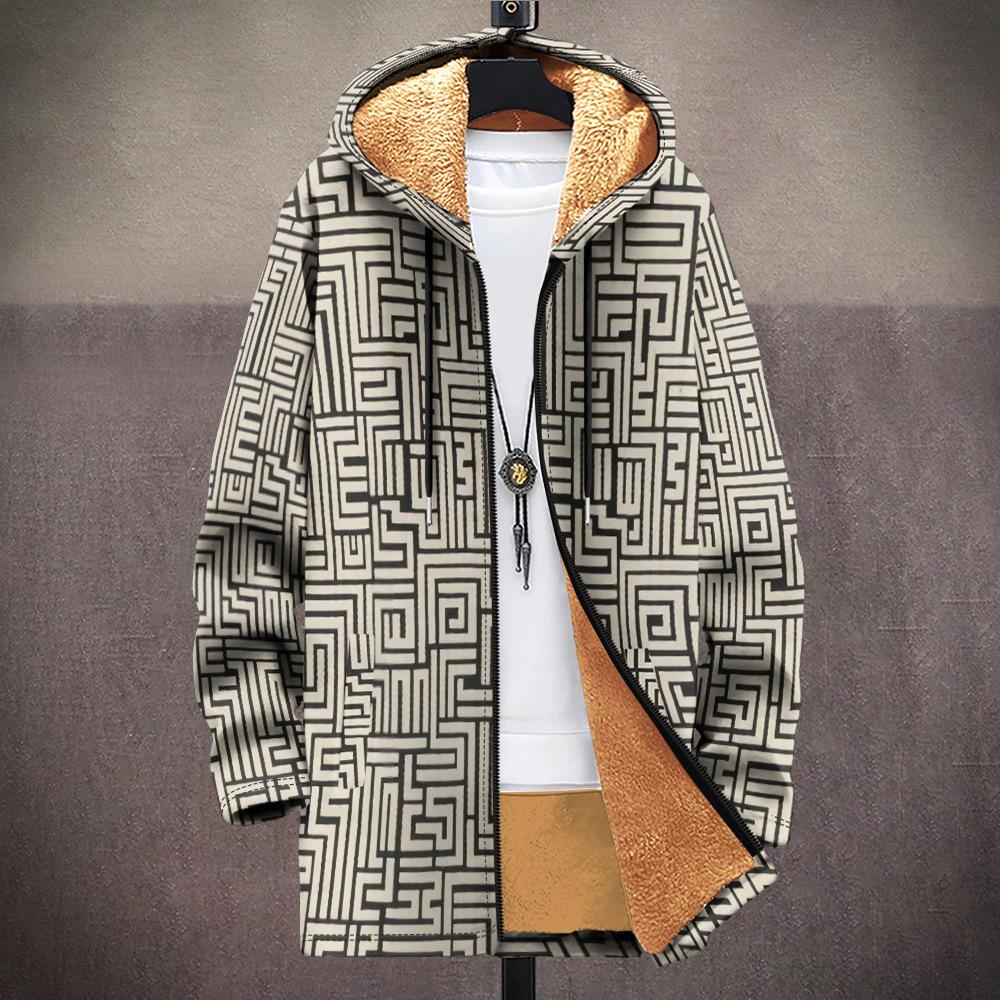 New jacket: multi-colored pattern elements, zipper hooded cardigan, thickened winter fleece padded clothes, yellow lining, trendy cotton clothes