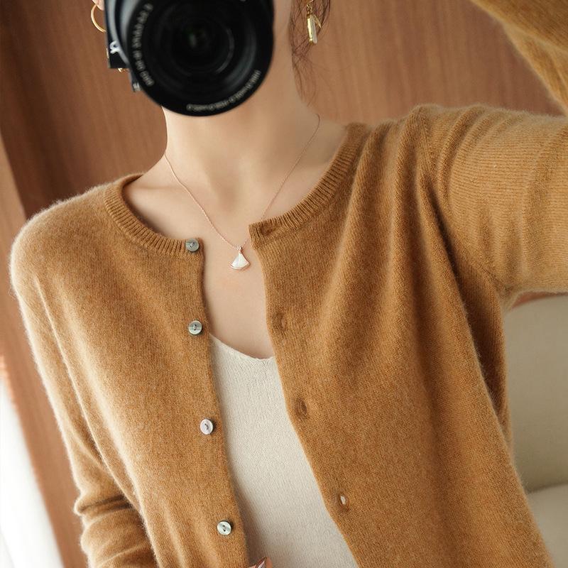 Gentle round neck knitted cardigan female slim and thin long sleeves with spring and autumn sweater jacket