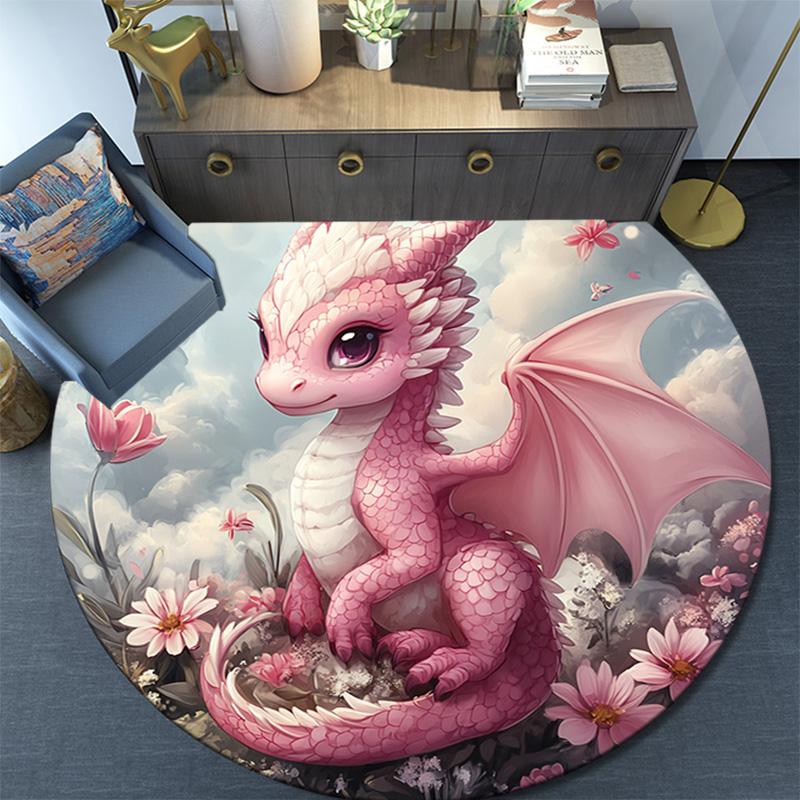Pink Dragon Round Area Rug,Carpet Rug for Living Room Bedroom Sofa Playroom Decor,Non-slip Floor Mat