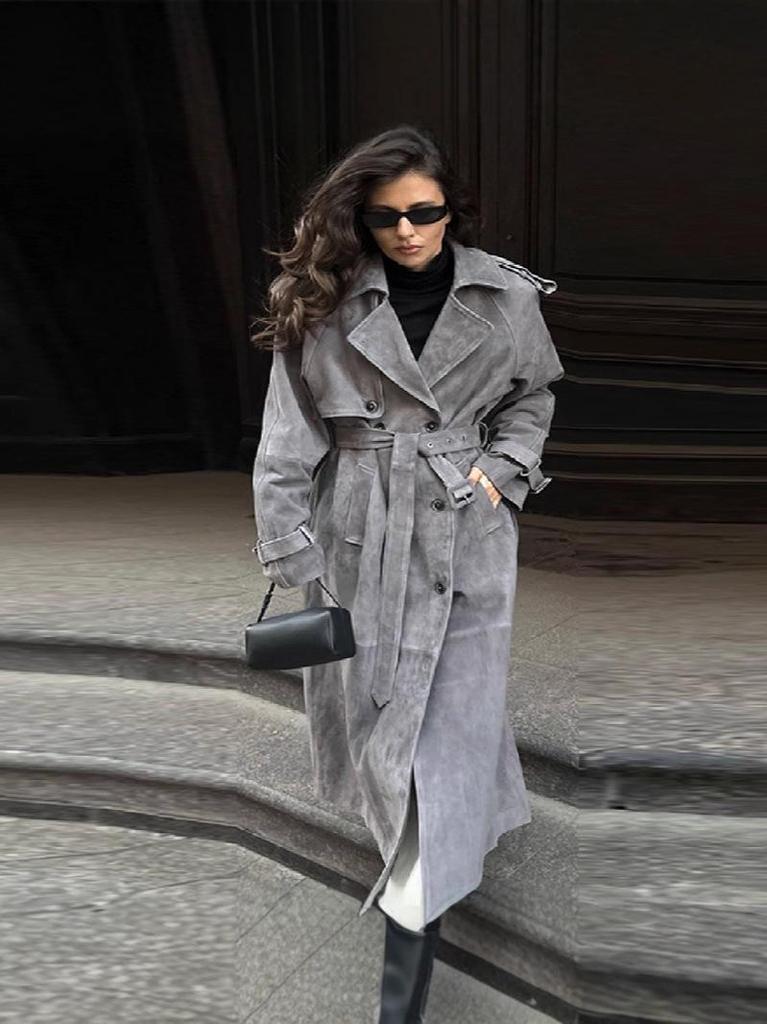 2025 Women's Grey Woolen Lace-up Mid-length Coat for Autumn/Winter