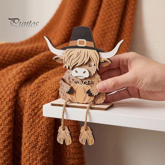Handgefertigte Holz-Feiertags-Tischdekorationen Halloween Kürbis Vogelscheuche Schottische Hochlandrind-Figuren, Niedliche Hängende Bein-Ornamente, Langlebiges Erntedankfest