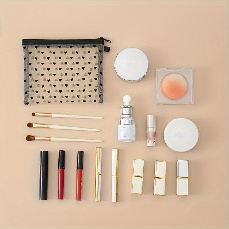 Casual Chic Heart Print Cosmetic Bag - Black & White Geometric Chevron Pattern, Durable Fabric Multi-Use Organizer for Makeup, Travel Essentials