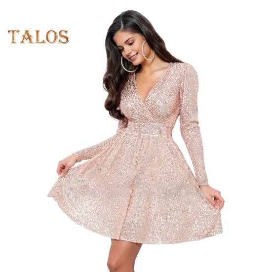 

Жіноча блискуча міні-сукня з блискітками з довгим рукавом і V-подібним вирізом вечірня сукня Приталена жіноча коктейльна сукня для вечірок Весілля Клуби Випускні S рожевий