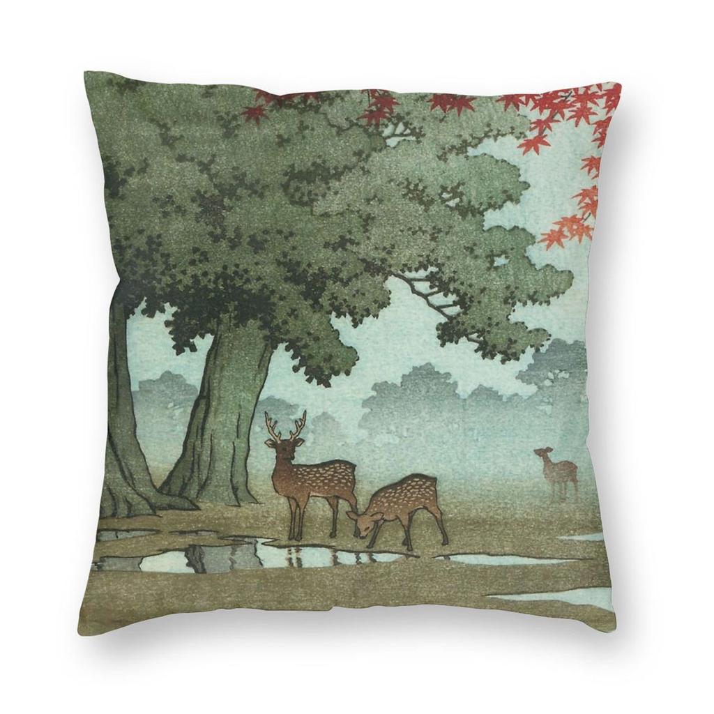 Deer Of Nara Park Kawase Hasui Square Pillowcase Polyester Linen Velvet Printed Zip Decorative Sofa Cushion Cover