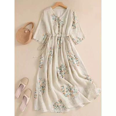 Kleid Damen Lang Druck Elegant Kleidung Vintage Elastische Taille Lässig Strandstil V-Ausschnitt Robe Floral Baumwolle und Leinen Kleid