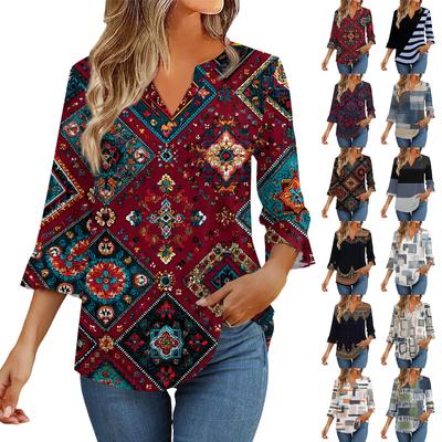 3/4 Ärmel Oberteile für Damen T-Shirt Lässig Trompetenärmel Druck Tunika V-Ausschnitt Pullover Bluse